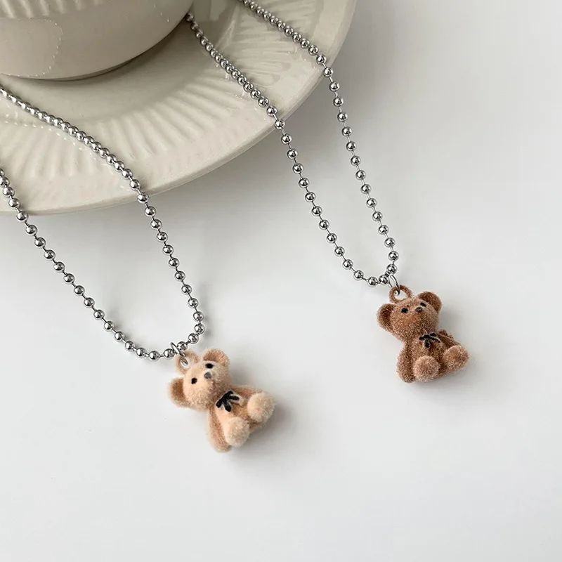 

2022 New Korean Kawaii Funny Plush Bear Pendant Necklac Cute Cartoon Bowknot Bear Statement Necklace for Women Fashion Jewelry