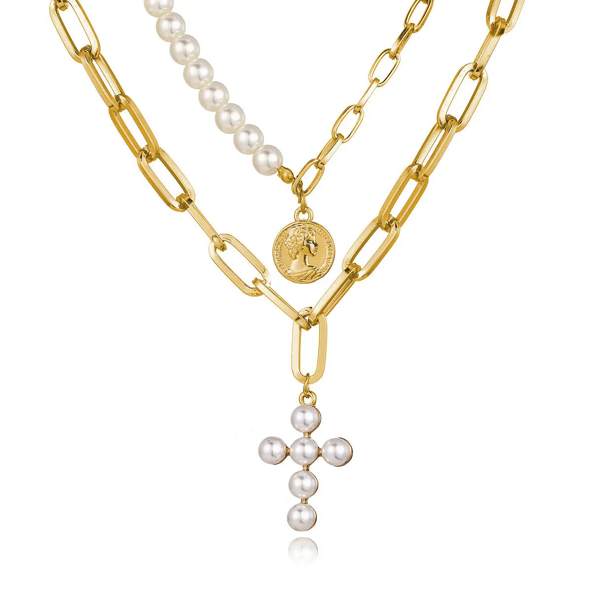 Trendy Multilayer Link Chain with Pearl Necklace Women Vintage Asymmetric Jesus Cross For Jewelry YB-11