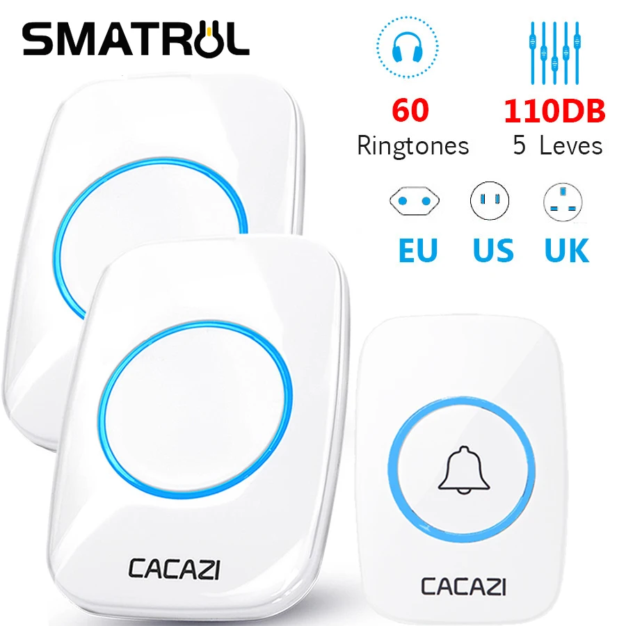 

CACAZI 60 Chime 110DB Wireless Doorbell Waterproof 300M Remote EU AU UK US Plug Home Door Bell Battery Button 1 2 3 4 Receiver