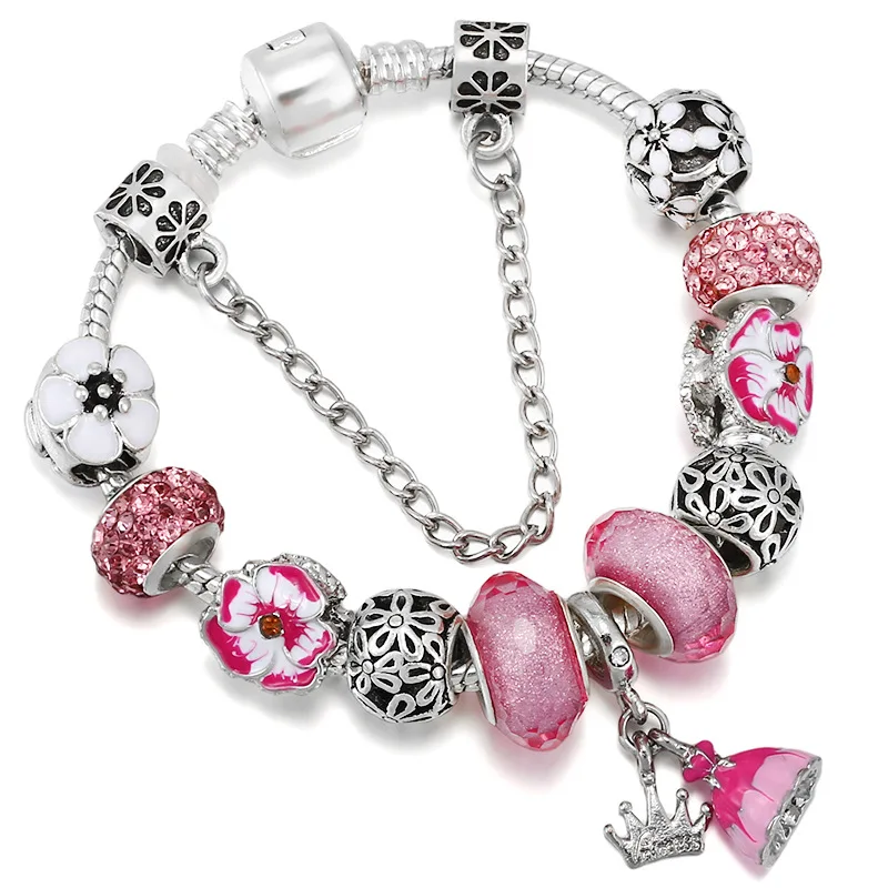 

Cute Pansy Charms Bracelet For Women Anime Crown Princess Dress Pendant Pear Flower Pink CZ Glass Beads Bangle DIY Friend Bijoux