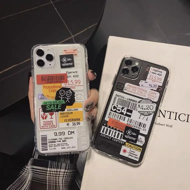

Street Fashion Silicone Cases for iphone 11 12 Pro xs Max 5 5S 6 6S 7 8 Plus X XR 12 Mini Clear Bar code label Couple's Cover