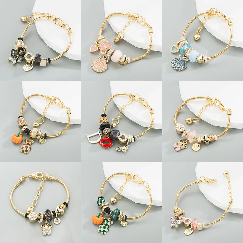 

Stainless Steel Bear Butterfly Crystals Mixed Beads Gold Bracelet Adjustable Rhinestone Letter Tag Women Girls Open Cuff Bangle