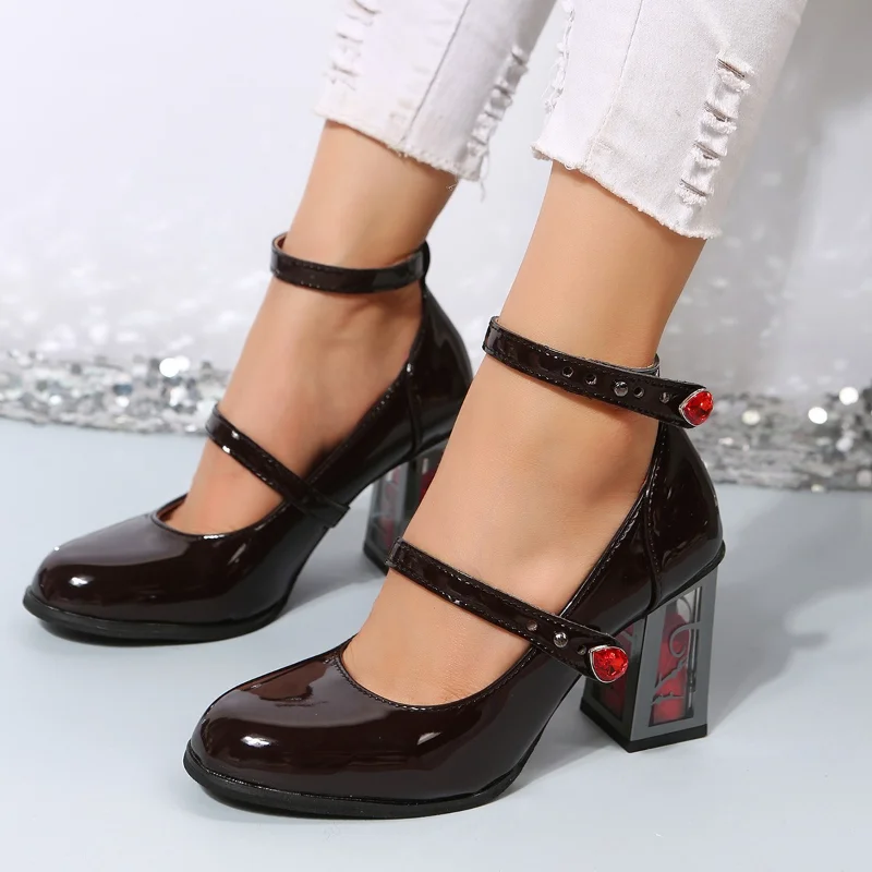 

Женские нескользящие туфли-лодочки, туфли на платформе и высоком массивном каблуке, с ремешком на щиколотке и пряжкой, с круглым носком, в стиле панк, 2023
