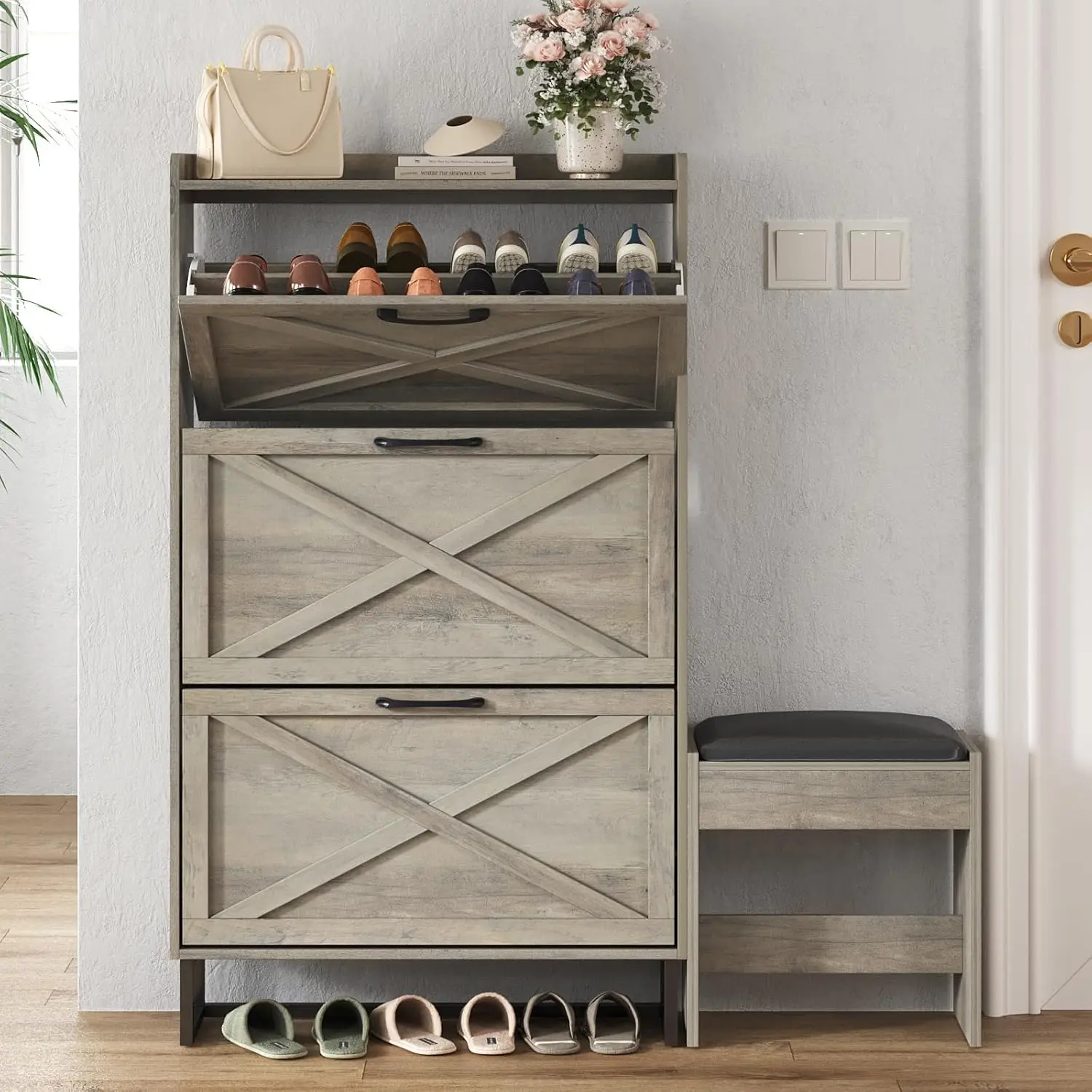Шкаф для хранения обуви Maupvit с 3 откидными ящиками и съемной скамейкой органайзер