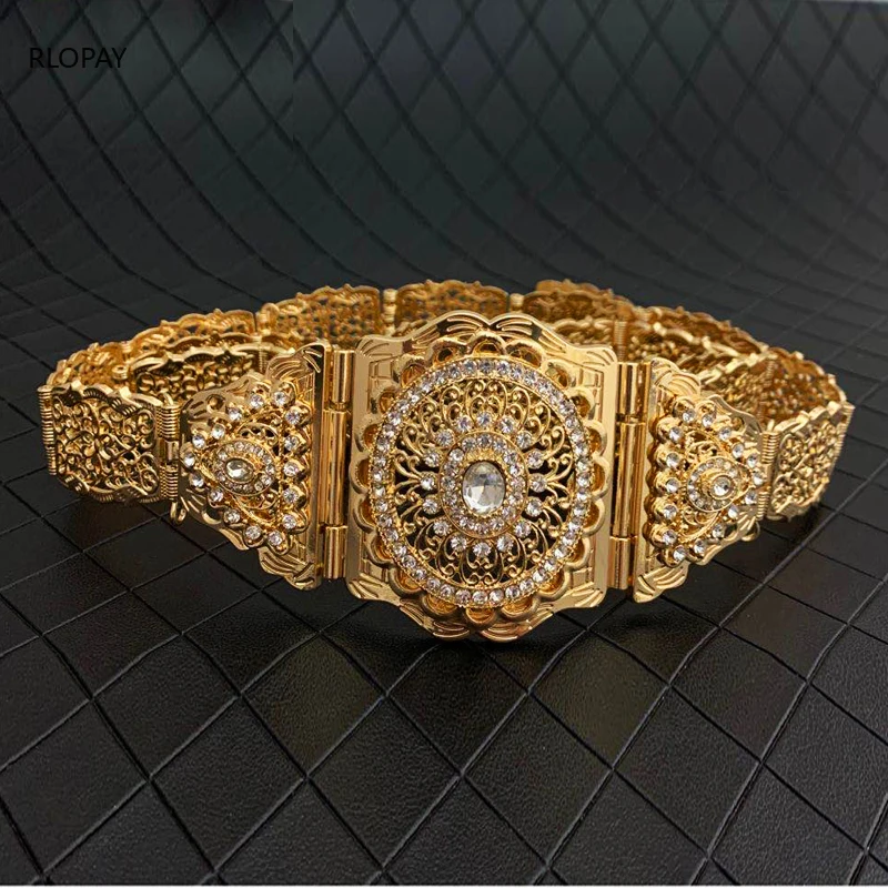 

Luxury Gold Color Wedding Sash Arabic Bride Designer Belt Crystal Wedding Belts Adjustable Long Chain Bridal Belts and Sashes