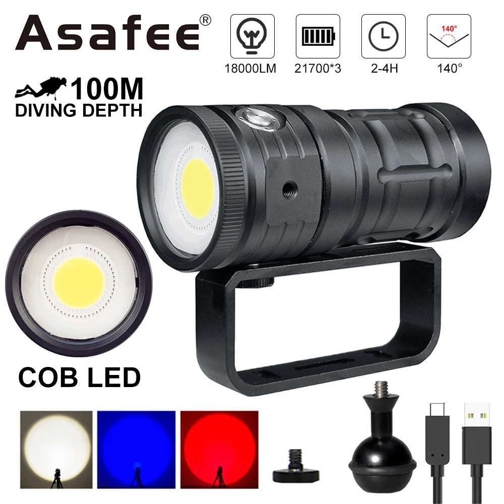 

Asafee D10 100M Underwater COB LED Diving Flashlight 10000LM Red Blue Light Double Switch Torch IPX8 Waterproof Scuba Lantern