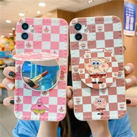 plaid design spongebob patrick star with makeup mirror phone cases for iphone 13 12 11 pro max mini xr xs max x back cover