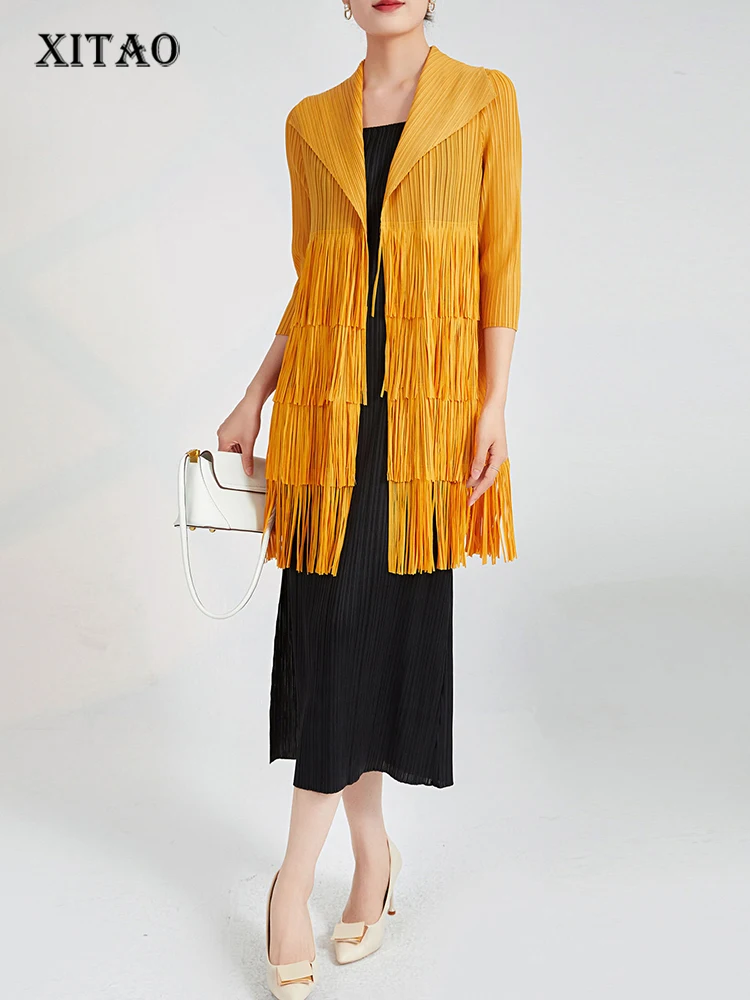 

XITAO Fashion Tassel Women Shirt Long Open Stitch Blouse Summer New Folds Turn-down Collar Three Quarter Sleeve WLD11481
