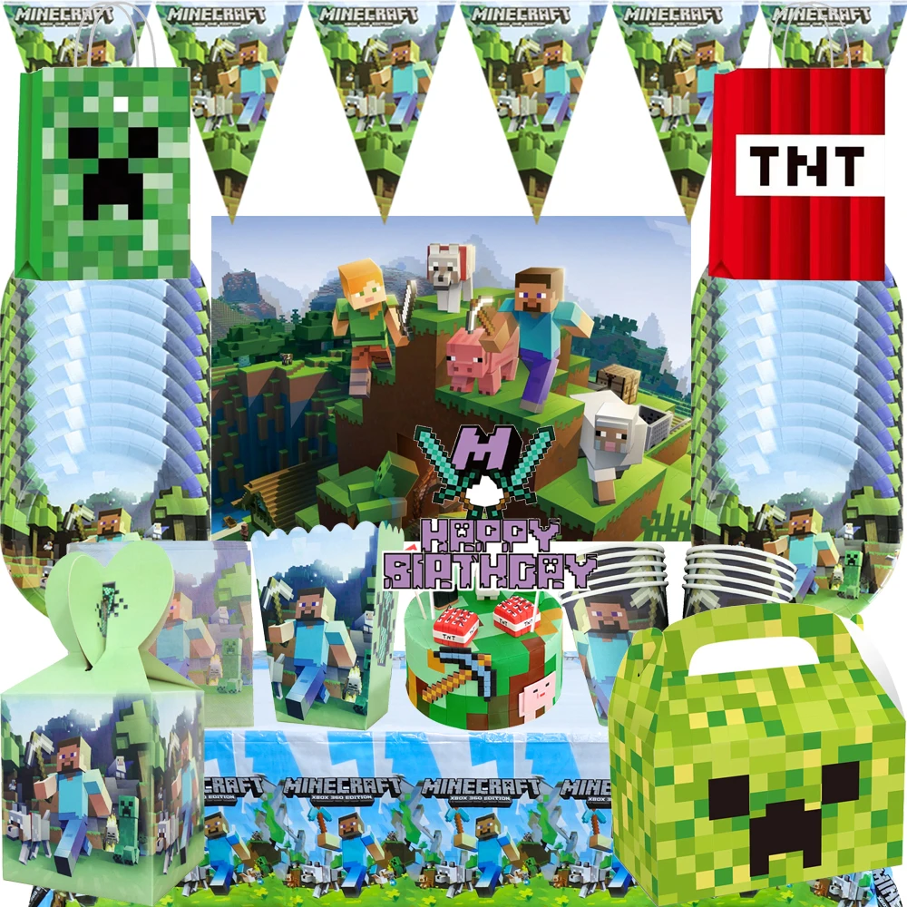 

Miner Crafting Pixel Game Birthday Party Decorations Kids Paper Tableware Cups Plates Candy Box Balloons Baby Shower Supplies