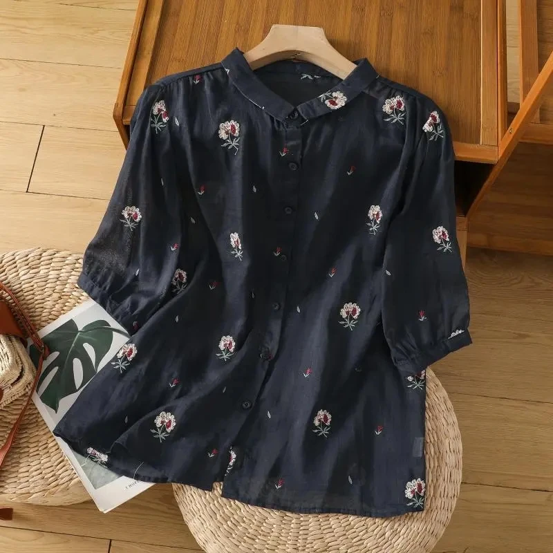 Новинка женская рубашка с вышивкой рами женский летний тяжелый удобный топ в
