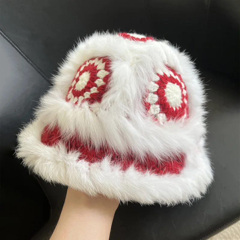 China-Chic Bucket Hats for Women Winter Warm  Cute Plush Cap Big Head Waist Casual Rabbit Fur 2023 Knitted Fisherman's Caps images - 6