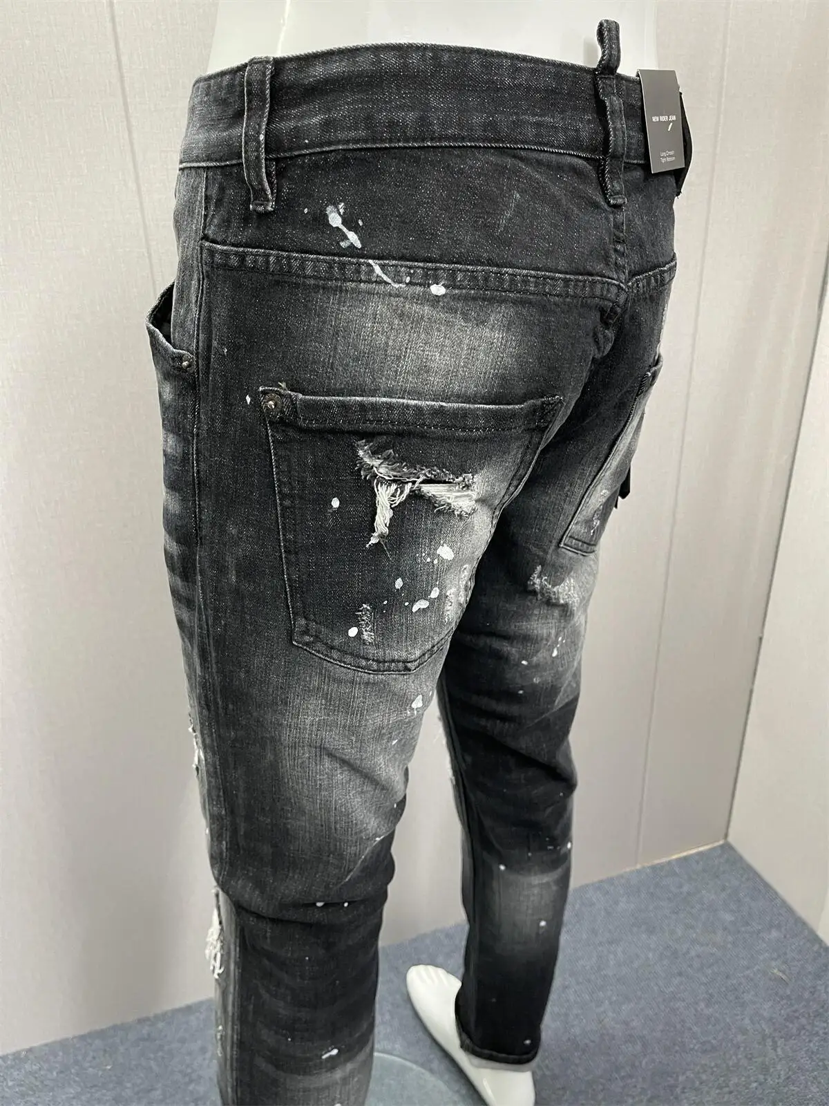 2023 Spring/Summer New  Jeans Water Wash Worn Hole Patch Paint Trendy Men's Letter Printing Slim Fit Micro Elastic  Denim Pa