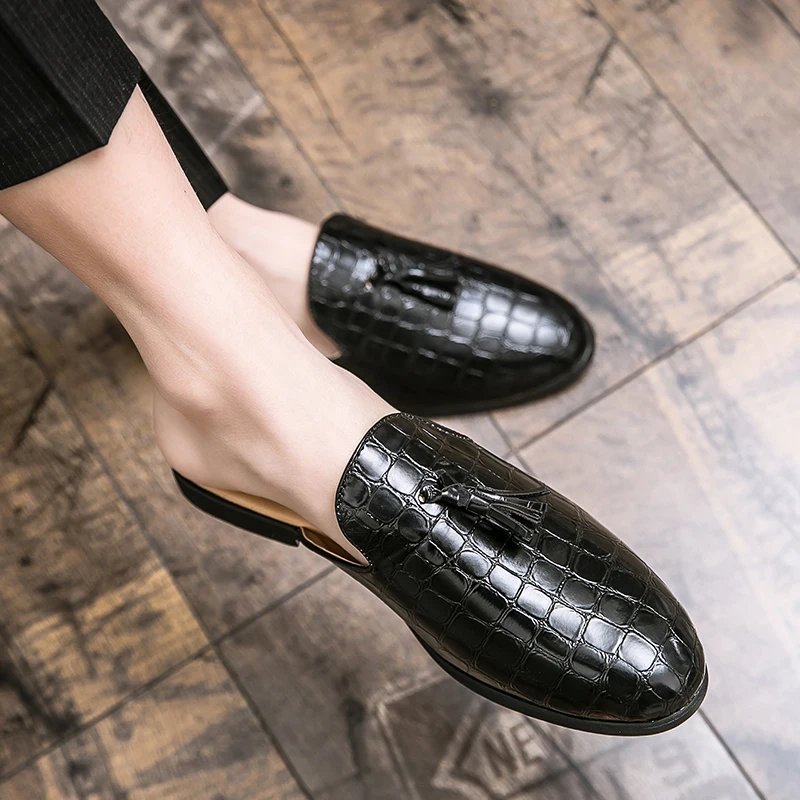 

Мюли Coslony мужские из лакированной кожи, повседневные туфли без застежки, крокодиловые, роскошные дизайнерские, черные