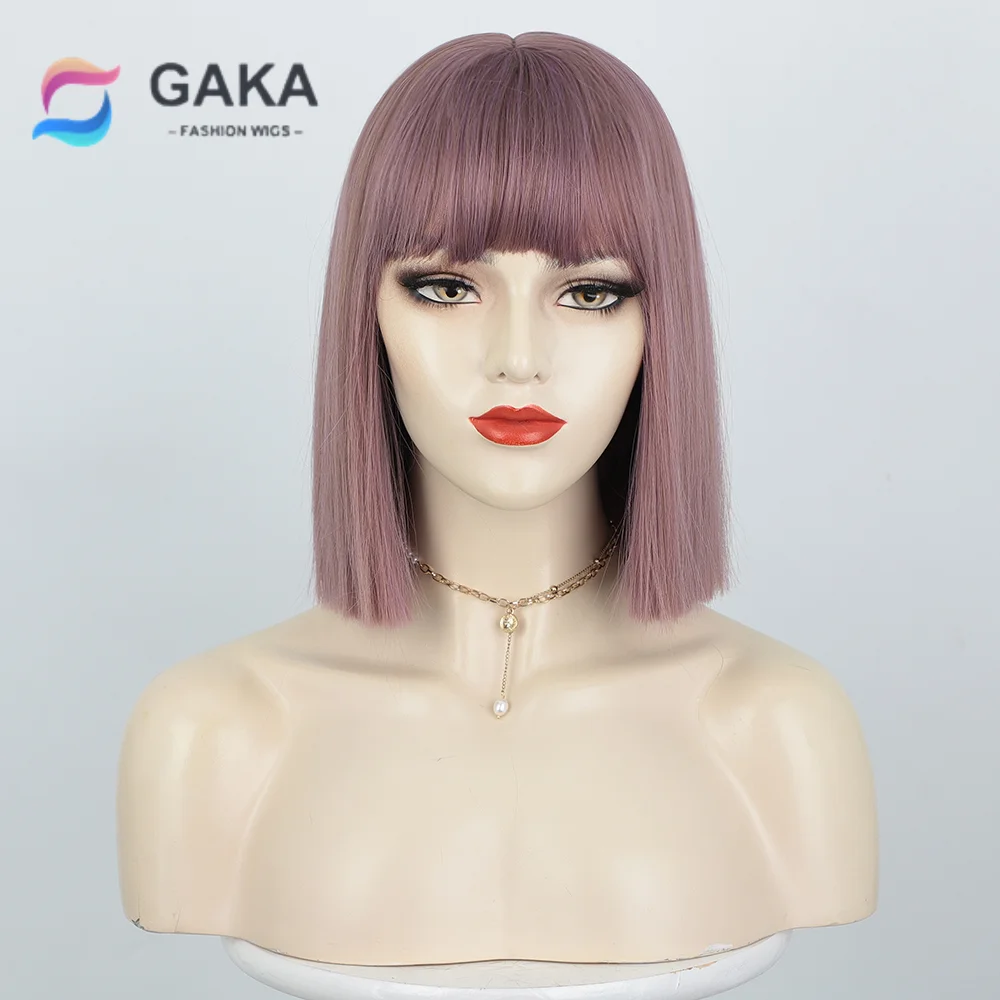 

GAKA Thin Vine Color to Brown Synthetic Wig Short Bob Natural Wig with Bangs Women's Heat Resistant Role Play Wig