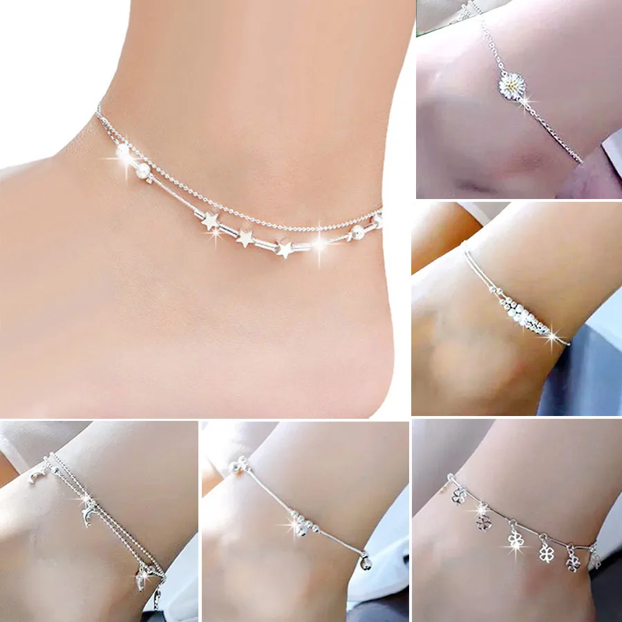 

Silver color Stars Anklet Double Layer plated Charms Ankle Bracelet Jewellery Anklets For Women Foot Jewelry Love 2023 new hot