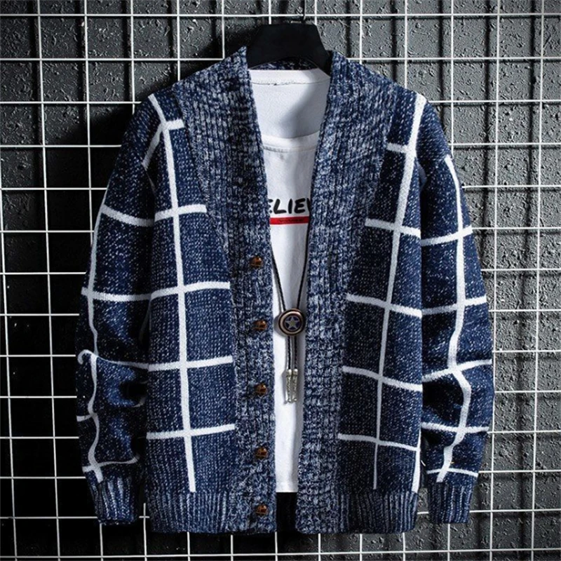 

Sweater Cardigan Men Autumn Winter V-neck Knitwear Casual Loose Single-breasted Tops Korean Wild Print Knitted Sweater