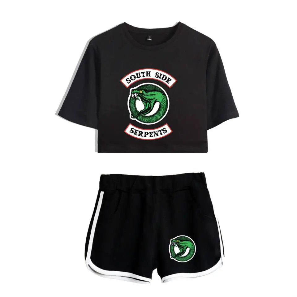 

Harajuku Popular Funny Riverdale Print Short Sleeve Cool Sexy Shorts+lovely T-shirts Dew navel Pretty Girl suits Two Piece Set