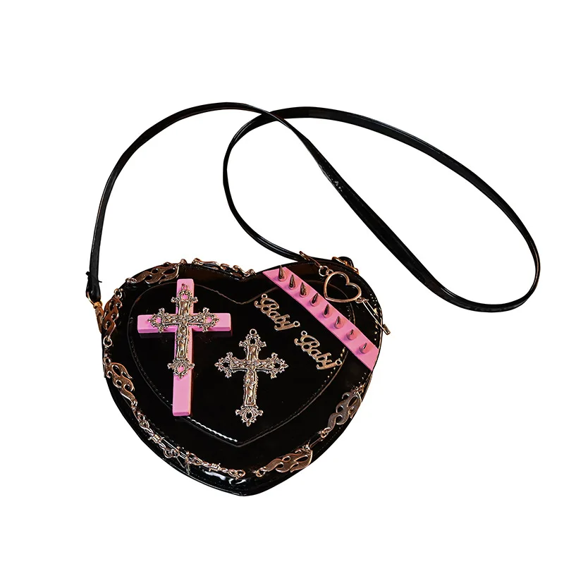 

Сумка кросс-боди Y2K в форме сердца для женщин, мессенджер в готическом стиле, панк с заклепками и металлической цепочкой, Милая женская сумочка-клатч В Стиле Лолита, сумки на плечо