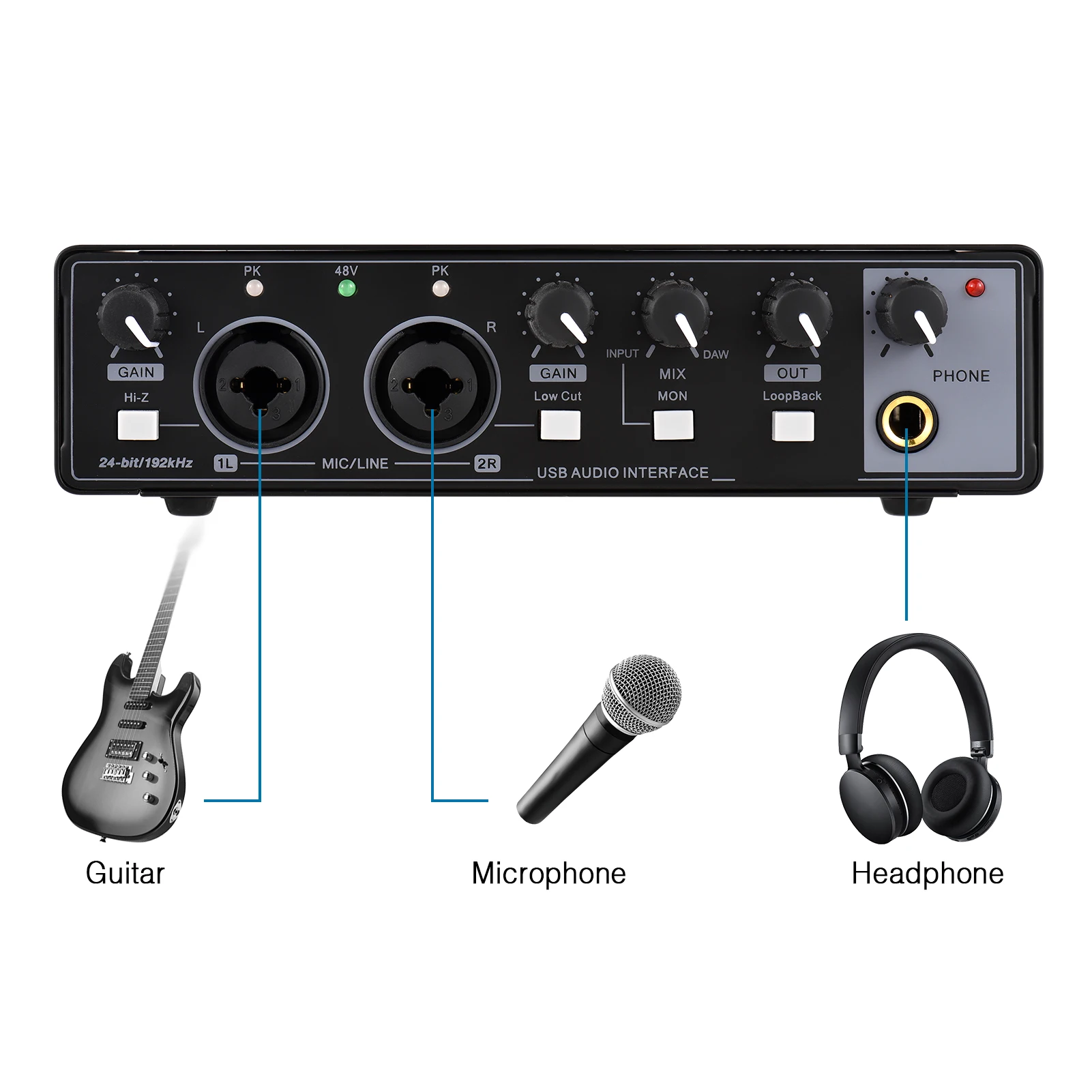 

Professional Streaming Audio Mixer Studio Portable USB Sound Card Interface for 48V Electric Guitar Microphone Musical Recording