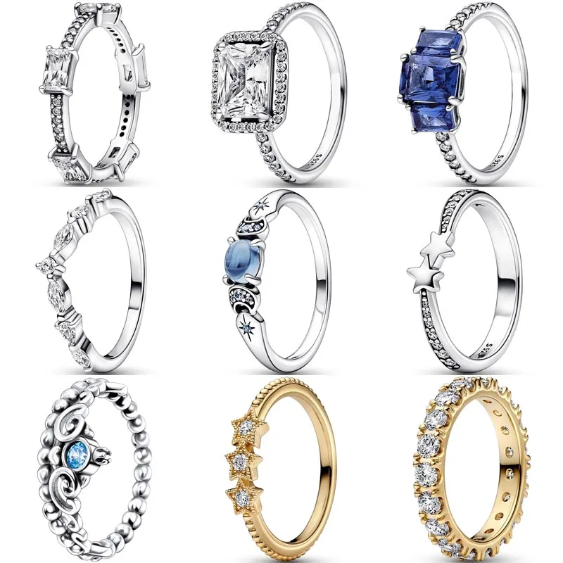 

Original Blue Rectangular Bars Three Stone Star Timeless Wish Tiara Crown Ring Fit 925 Sterling Silver Ring Europe Gift Jewelry
