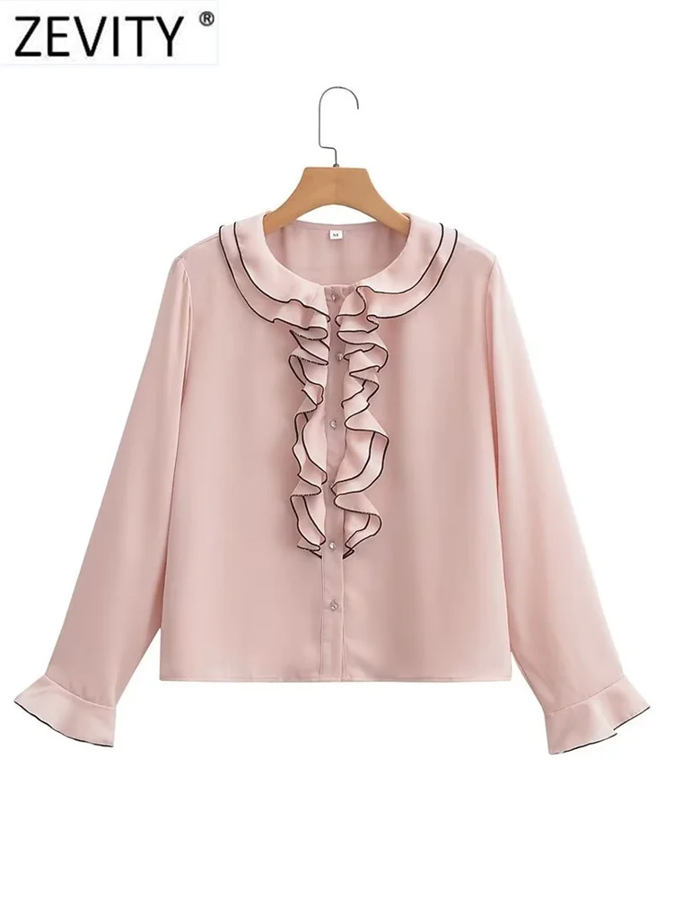 

Zevity Women Fashion Solid Color O Neck Pleat Ruffles Smock Blouse Office Lady Long Sleeve Shirt Chic Chemise Blusas Tops LS3337