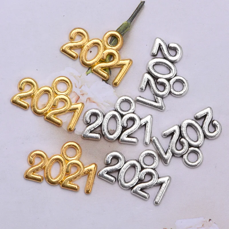 

100 Pieces Number 2021 Year Charms Pendant DIY Jewelry Antique Silver Golden Number Jewelry Pendant 10 x 14 mm Craft Supplies