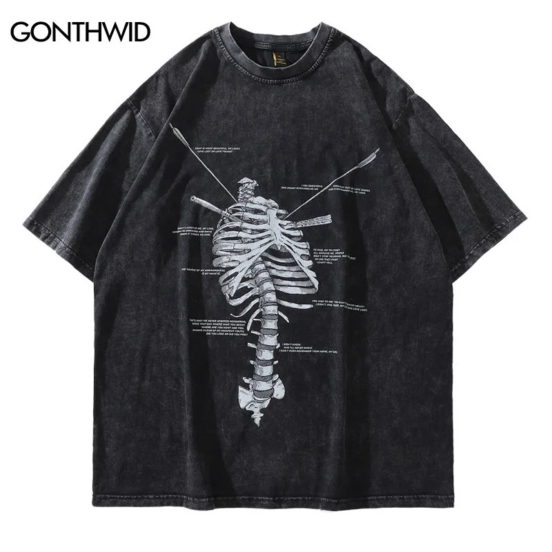 

Distressed Oversize Tshirt Streetwear Hip Hop Vintage Skeleton Skull Print Punk Gothic T-Shirt Harajuku Casual Loose Tee Shirts