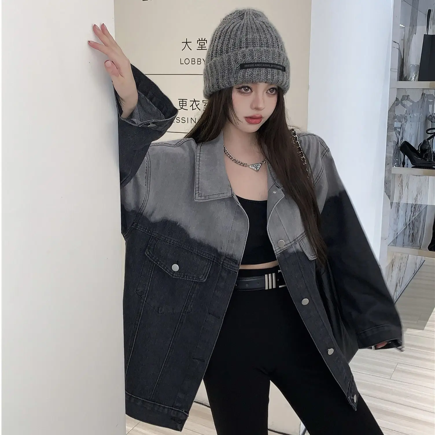 

2022 New Autumn Cowboy Coat Women Vintage Gradual Tie Dyed Denim Long Sleeve Loose Hong Kong Style Versatile Top Free Shipping