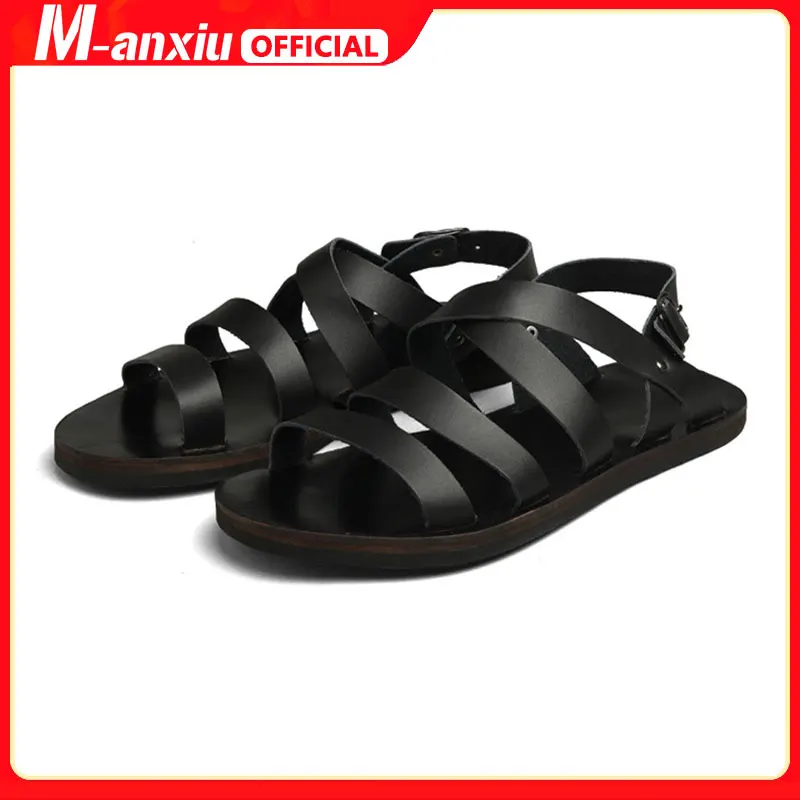 

M-anxiu 2020 New Design Summer Antiskid Gladiator Genuine Leather Buckle Strap Sandal Men Casual Flat Rubber shoes