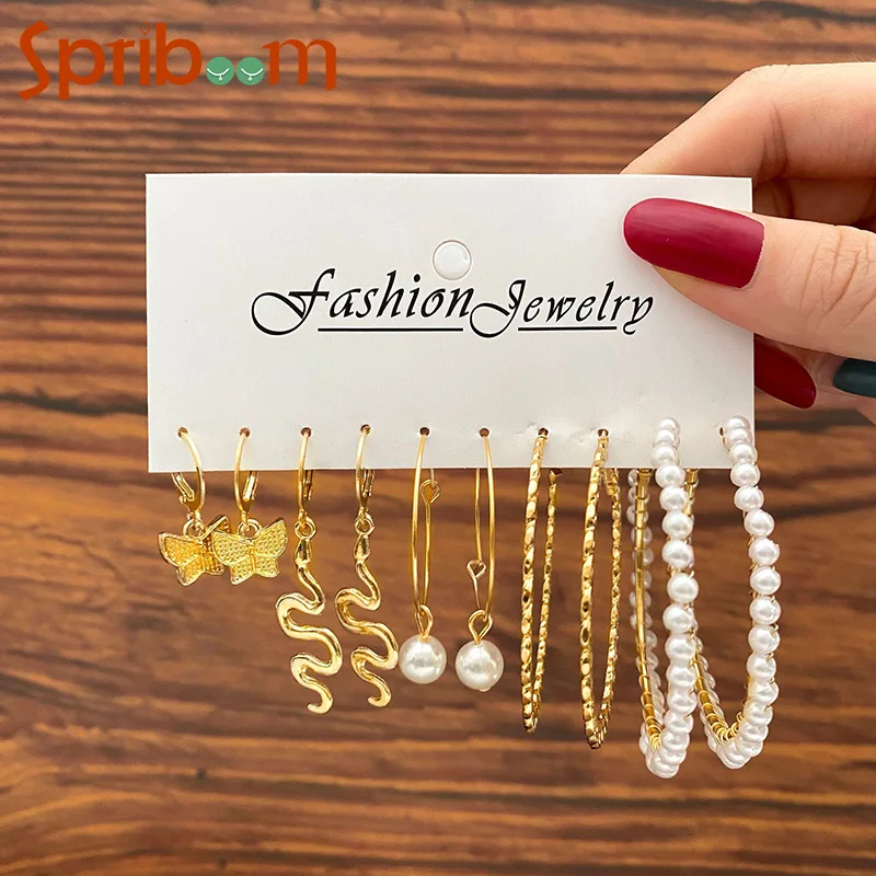 

5Pairs/set Butterfly Pearl Dangle Earrings for Women Girls Snake Shape Round Circle Earring Statement Jewelry Female Party Gifts