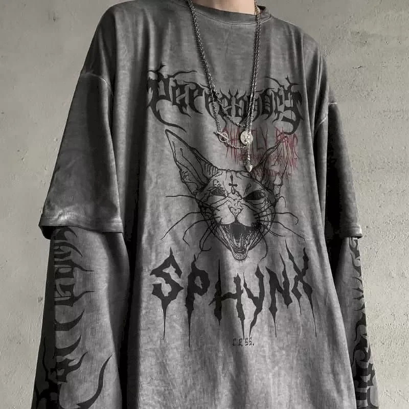 

2023NEW Autumn new high street style dark print cat head fake two Gothic retro long-sleeved couple T-shirts men women top wear
