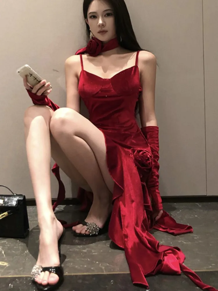 Сексуальное красное бархатное вечернее платье для женщин элегантное с открытой