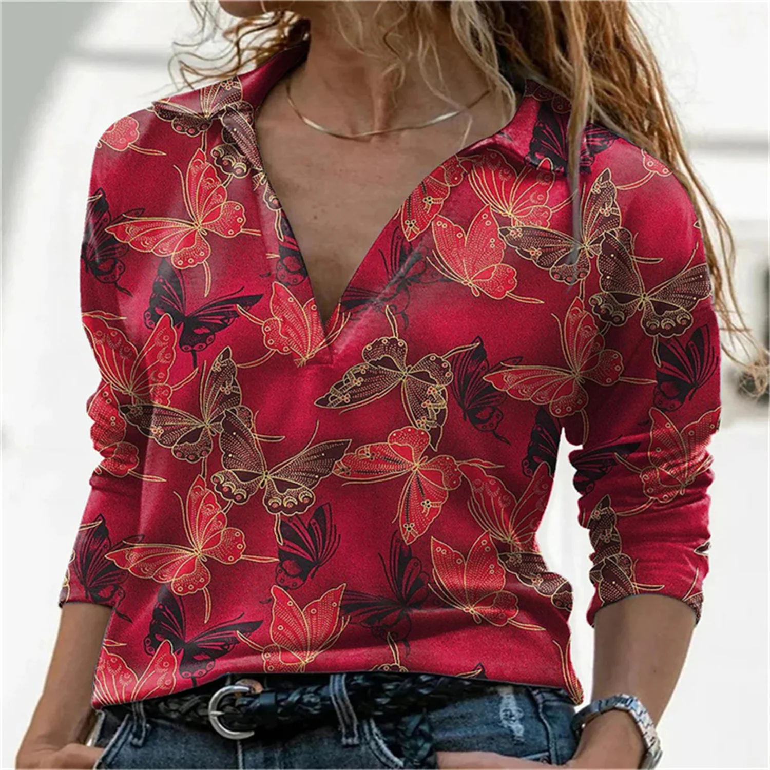 

High-Quality Spring Autumn 3D Digital Printing Butterfly Pattern Women's Bottoming T-shirt Sublimation Fashion Top