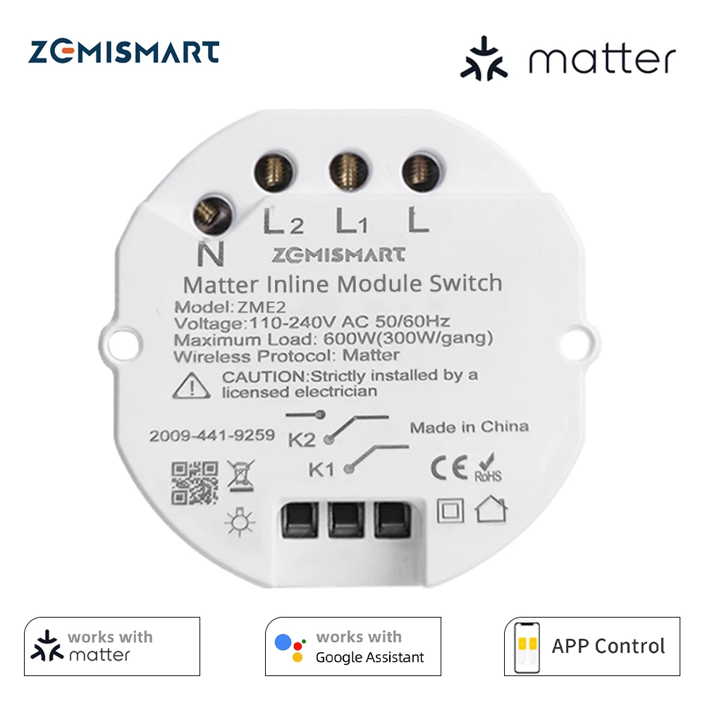 Zemismart-módulo inteligente en línea con WiFi, interruptor de relé de luz de 2 entradas, Control por aplicación de Google Home Smartthings Homekit