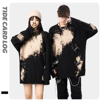 2022 high street oversize tie dye sweater hip hop ripped sweater metal pin trim unisex worn style lazy casual clothing pullover