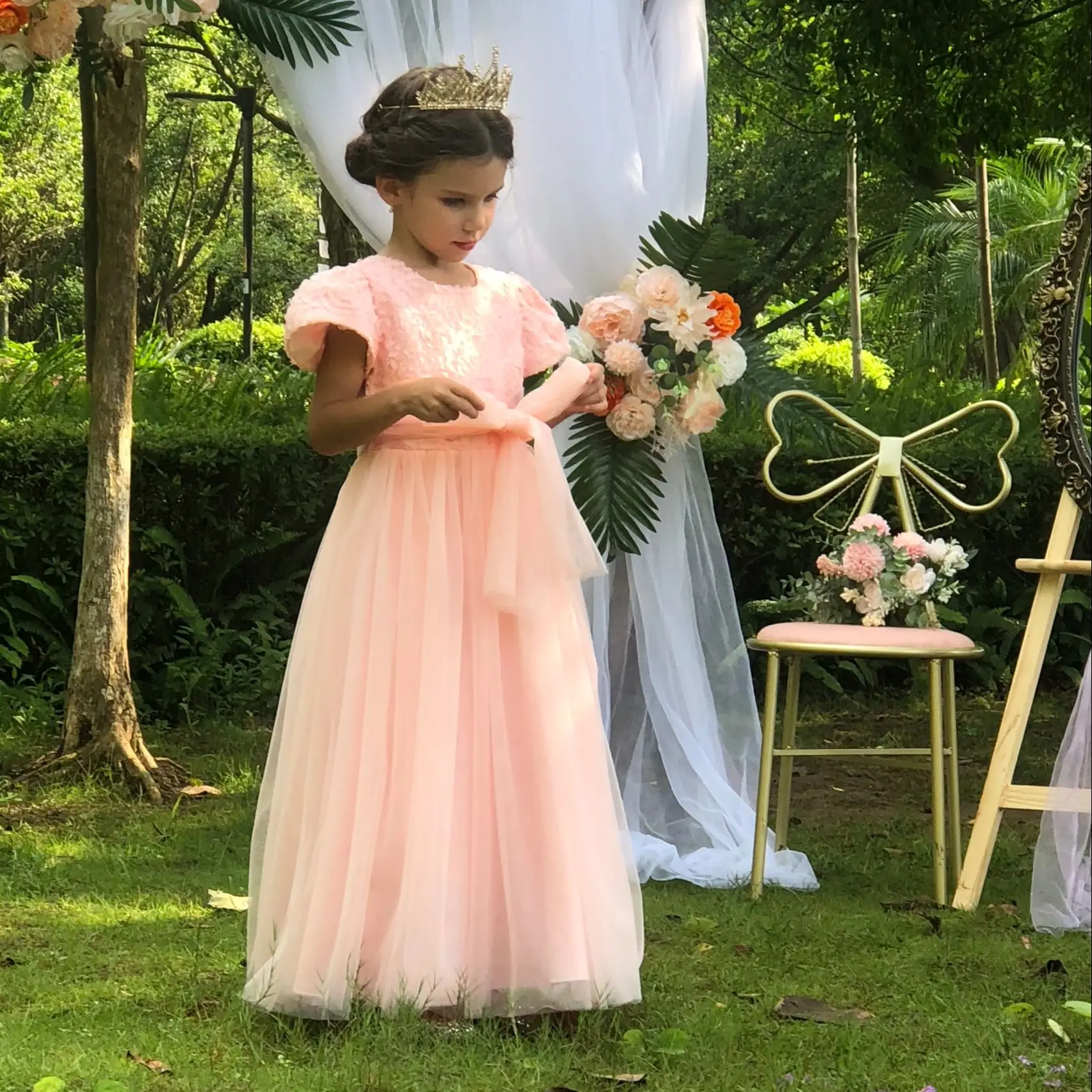 

Kids Flower Wedding Gown For 10 Years Girls Birthday Party Clothing High Grade Embroidered Princess Evening Dress