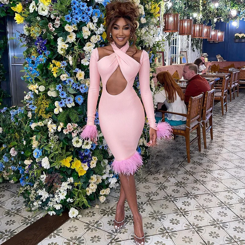 

Zoctuo Autumn Feather Ribbed Sexy Y2K Clothes Hollow Out Long Sleeve Backless Halter Bodycon Midi Dresses For Women Club Party