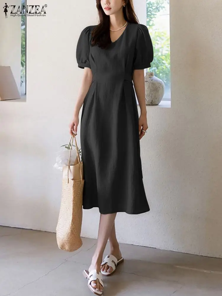 

ZANZEA 2023 Summer Solid Mid-calf Dress Women Elegant V Neck Short Sleeve OL Work Sundress Fashion Party Vestido Robe Femme