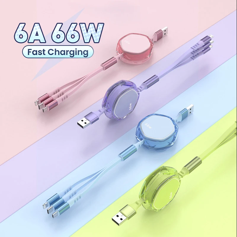 

Прозрачный 3 в 1 6A 66 Вт USB-кабель для быстрой зарядки для iPhone 3 в 1 Micro USB Type-C 8-контактный зарядный кабель для Huawei Samsung Xiaomi