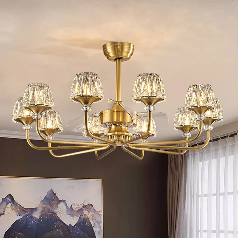 

Led Celing Fan Pendant Lamp Light Chandelier Art Modern crystal copper dining light luxury American bedroom