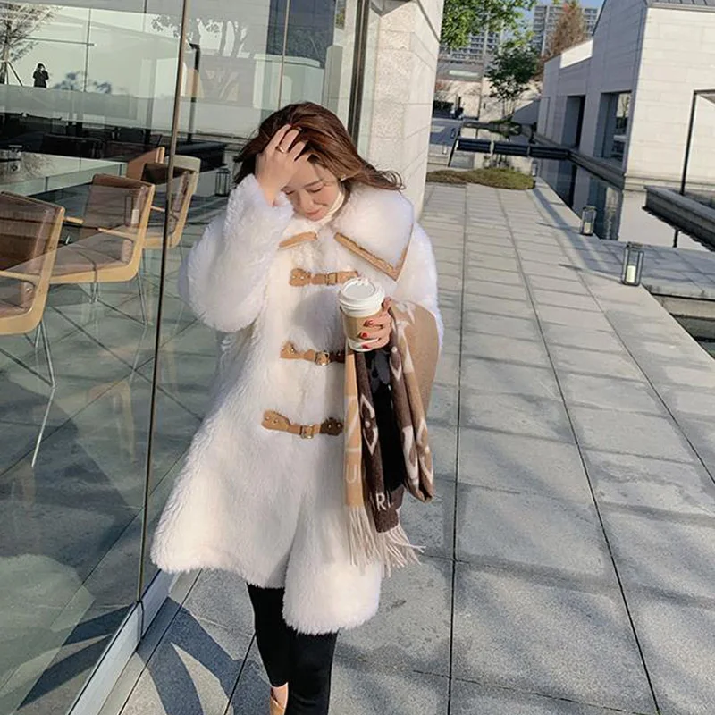 2021 New Winter Cute Warm Faux Fur Coat Women Mid-Length Loose Fur Jackets Fashion Preppy Style Long Sleeve Female Fur Outerwear