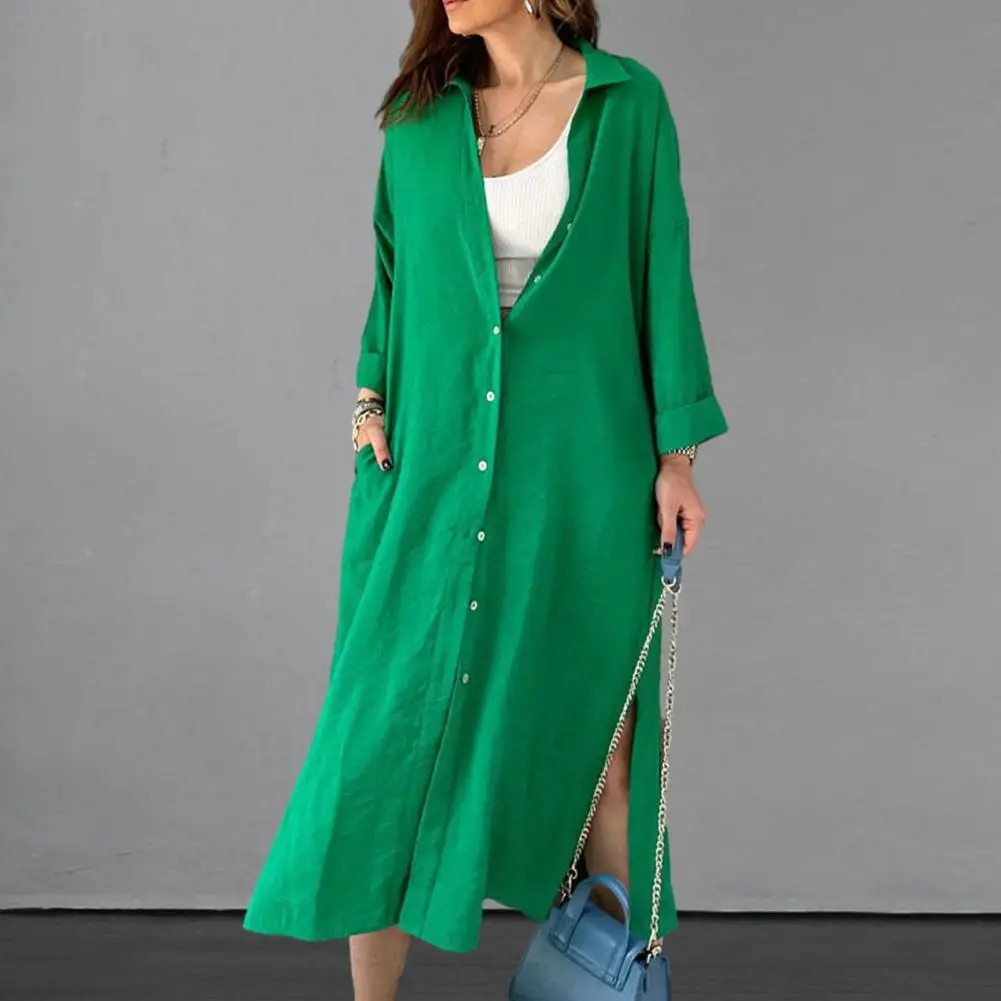 

Women Casual Shirt Dress Lapel Long Sleeve Single Breasted Side Split Hem Cardigan Dress Loose Hem Midi Dress Streetwear