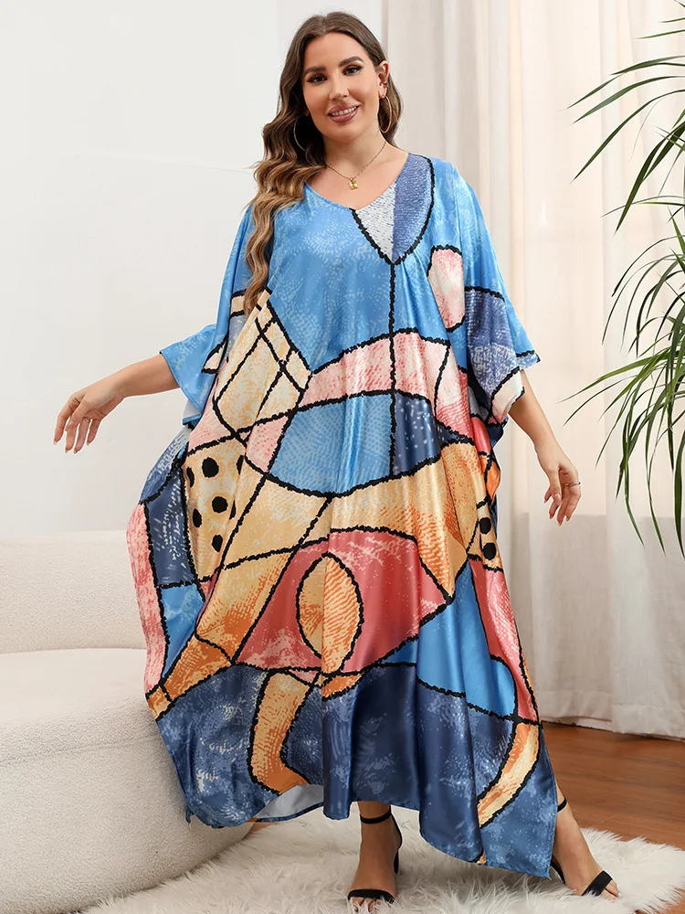 

Extra Size Cover-up Swimsuit Cover Up Tunics For Beach Print V Neck Boho Maxi Dress Women Casual Kaftan Dress Pareos Robe Plage