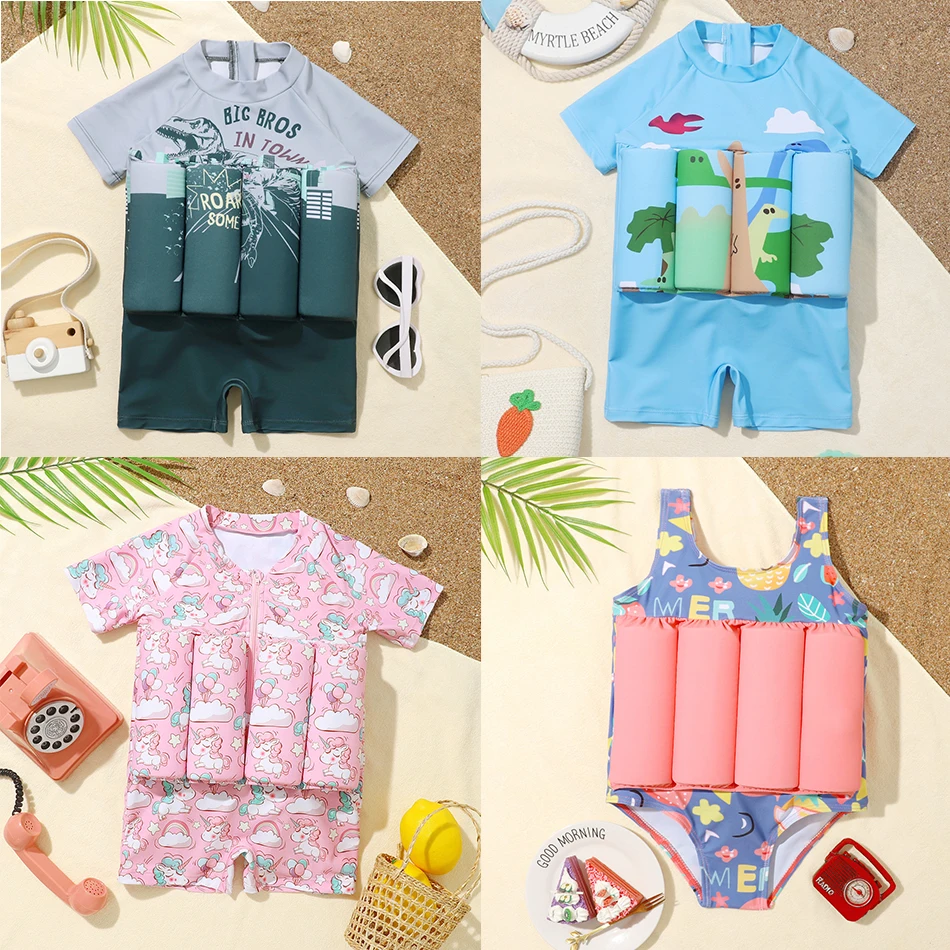 

Boys One Piece Baby Cute Toddler Swimming Equipment New Children Buoyant Swimwear Kid Floating Rash Guards Cartoon Print Clothes