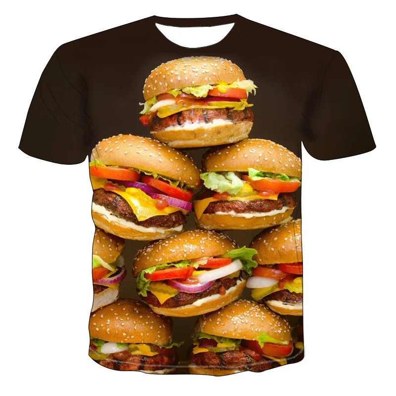 

Популярные футболки с принтом гамбургеров для мужчин и женщин, летняя футболка с коротким рукавом и 3D принтом, уличная футболка в стиле хип-хоп, размеры 6XL, повседневные топы