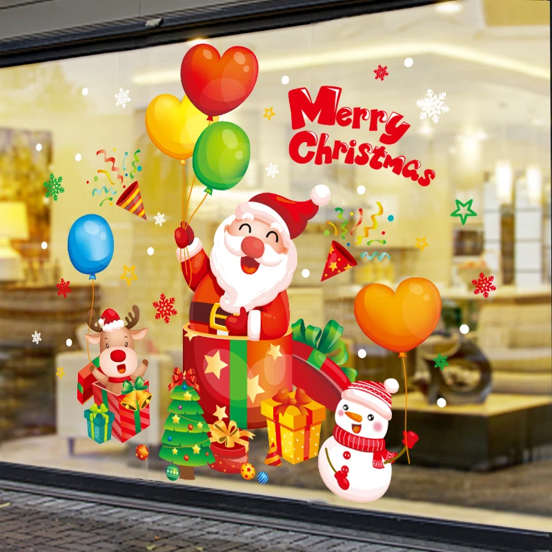 

[shijuekongjian] Christmas Glass Stickers DIY Santa Claus Snowman Balloons Wall Decals for Shop Window Festival Home Decoration