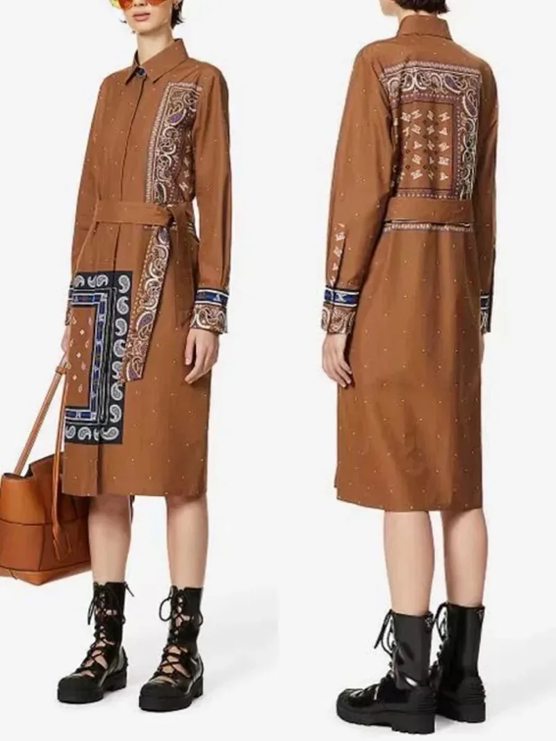 

Women's Retro Print Ethnic Style Dress 2022 New Turn-Down Collar Covered Button Ladies Long Sleeve Midi Dress with Sashes