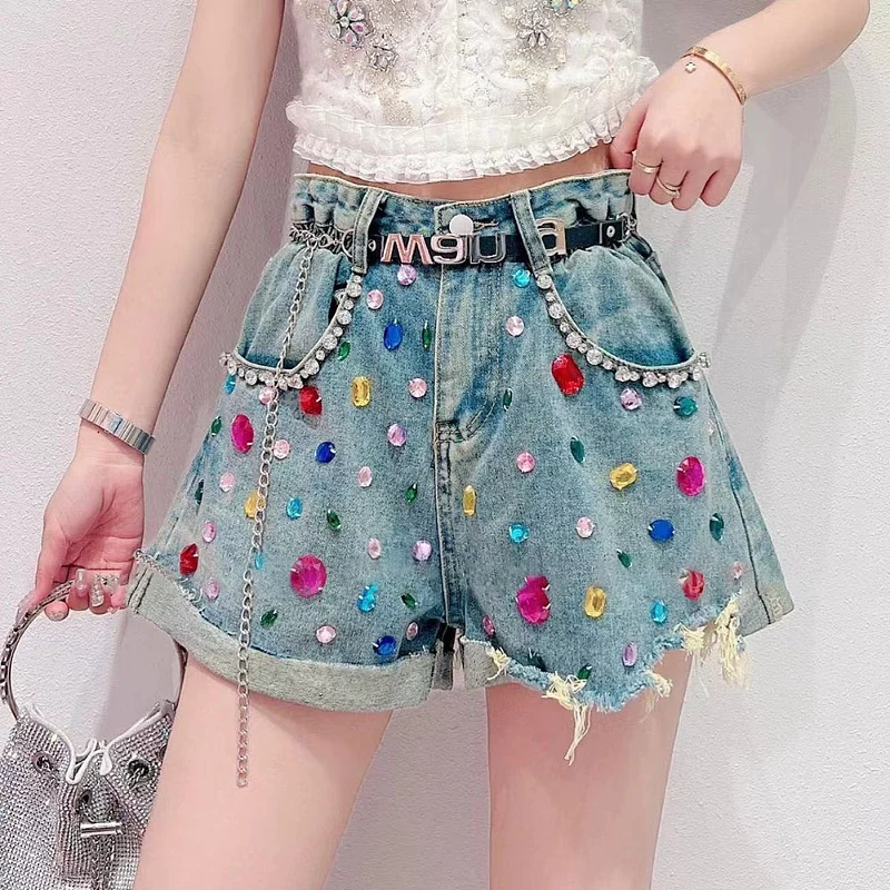 Design Heavy Industry Colorful Crystals Denim Shorts For Women 2023 Summer New High Waist Loose A-line Wide Leg Hot Kawaii Pants