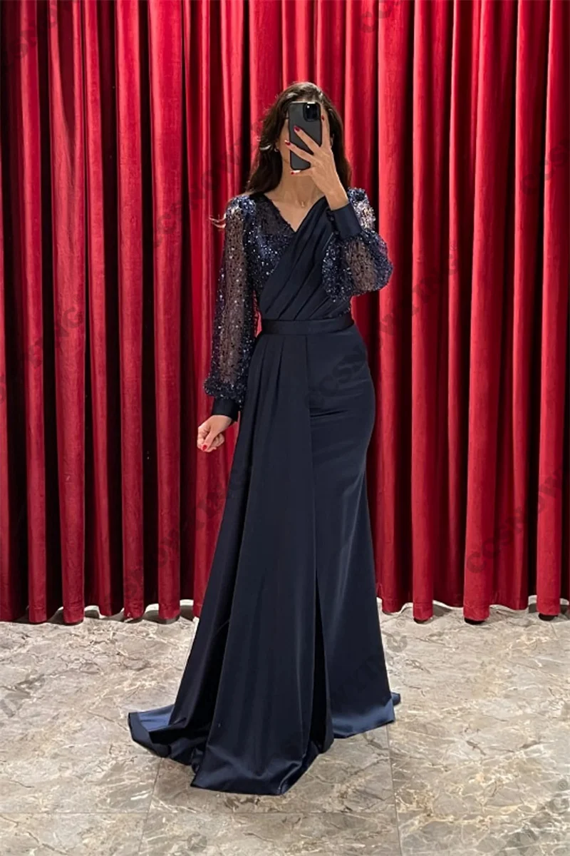 

Satin Muslim Evening Dresses Sparkly Sequin Long Sleeve Islamic Formal Party Gowns Sweetheart Women Arabic Robes De Soirée
