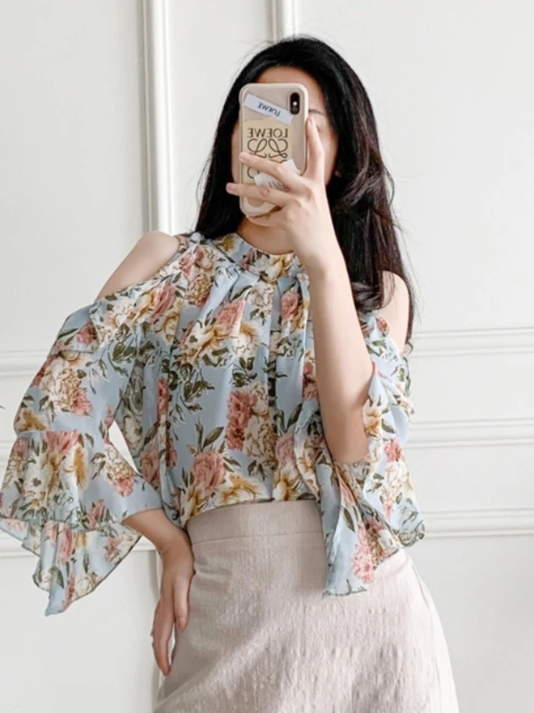 Женская шифоновая блузка с открытыми плечами элегантная офисная длинным рукавом